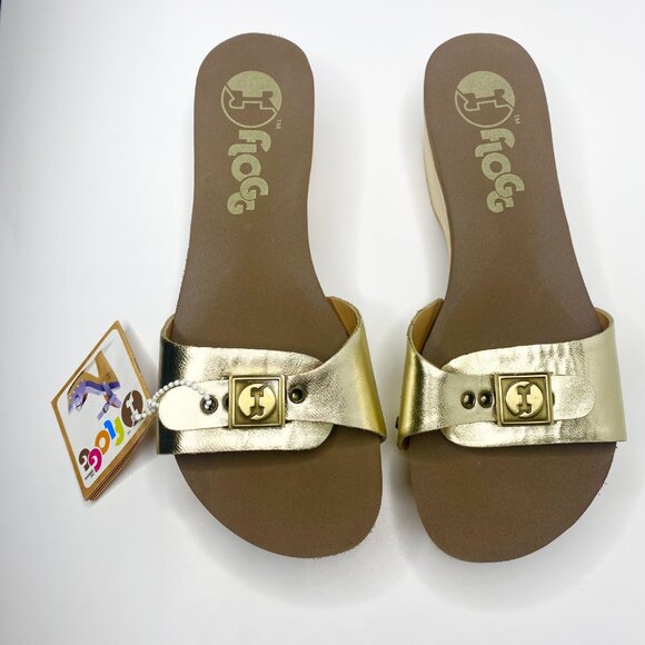NWT Flogg Melanie Sandals Gold Leather Wooden Platform Retro Slides Y2K Size 7.5 - Picture 2 of 9